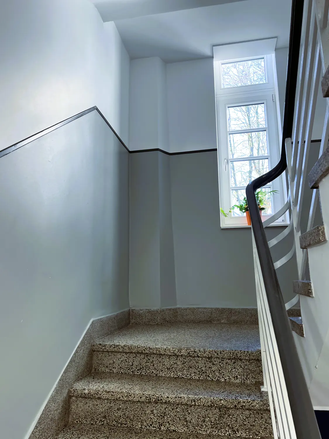 Fierle Baubetreuung – eine Treppe mit schwarzem Handlauf und weißem Metallgeländer