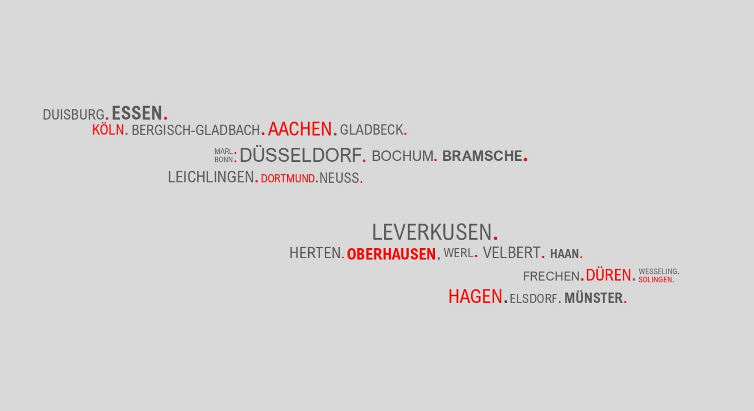 Fierle Baubetreuung – eine Liste deutscher Städte und Gemeinden, mit einigen Namen in Fettdruck und einigen in Rot